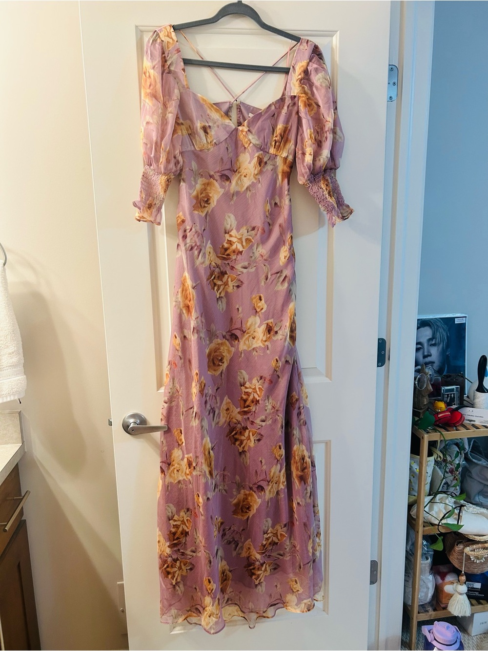 Luxxel Lavender Floral Maxi Dress with Puff Sleeves